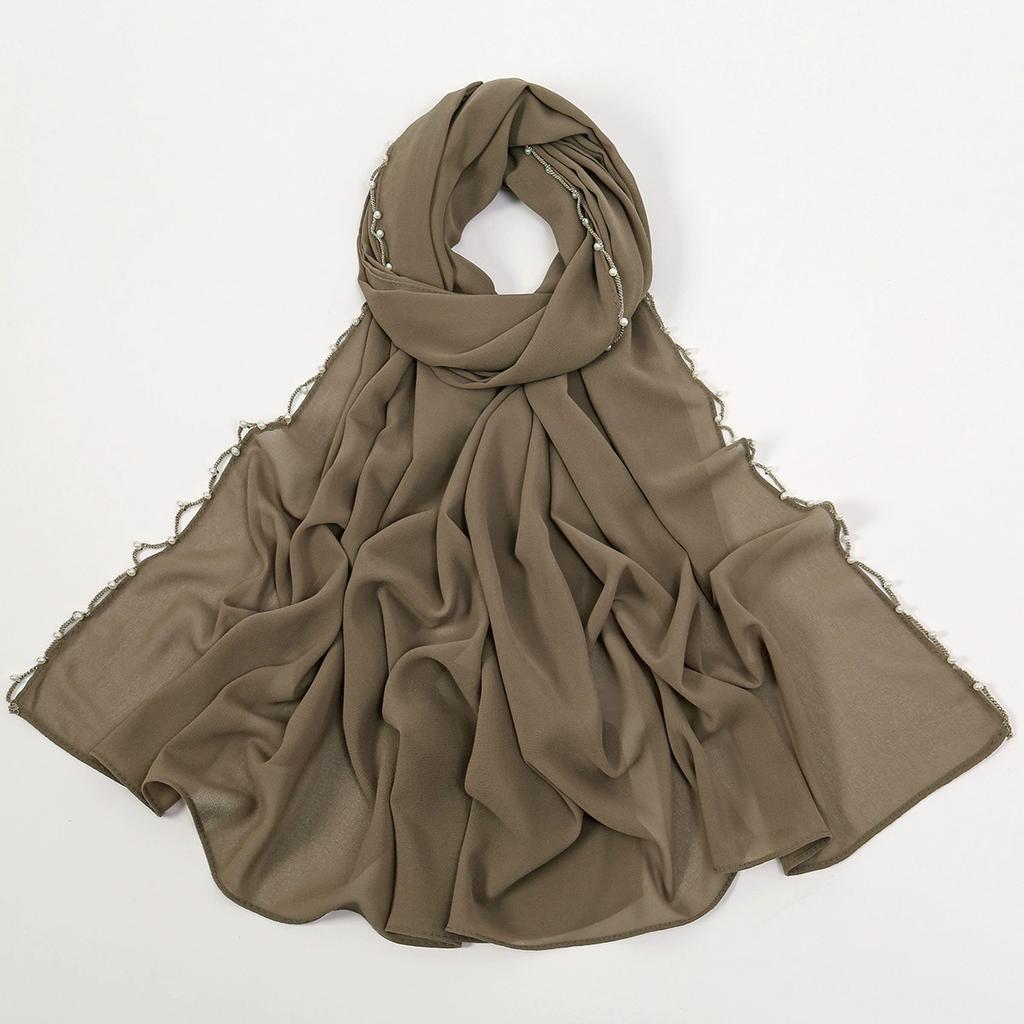 Malaysia Indonesian New Pearl Chain Chiffon Headscarf Shawl Turban Head Wraps
