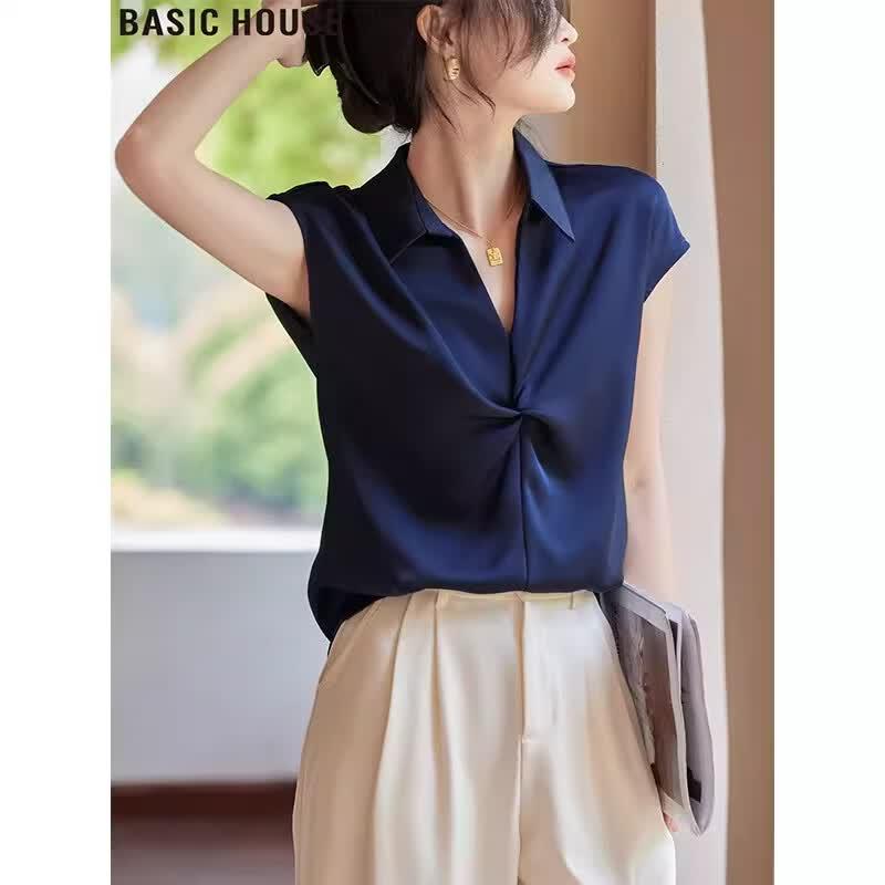 Basic House Women's V-Neck Knot Satin Blouse