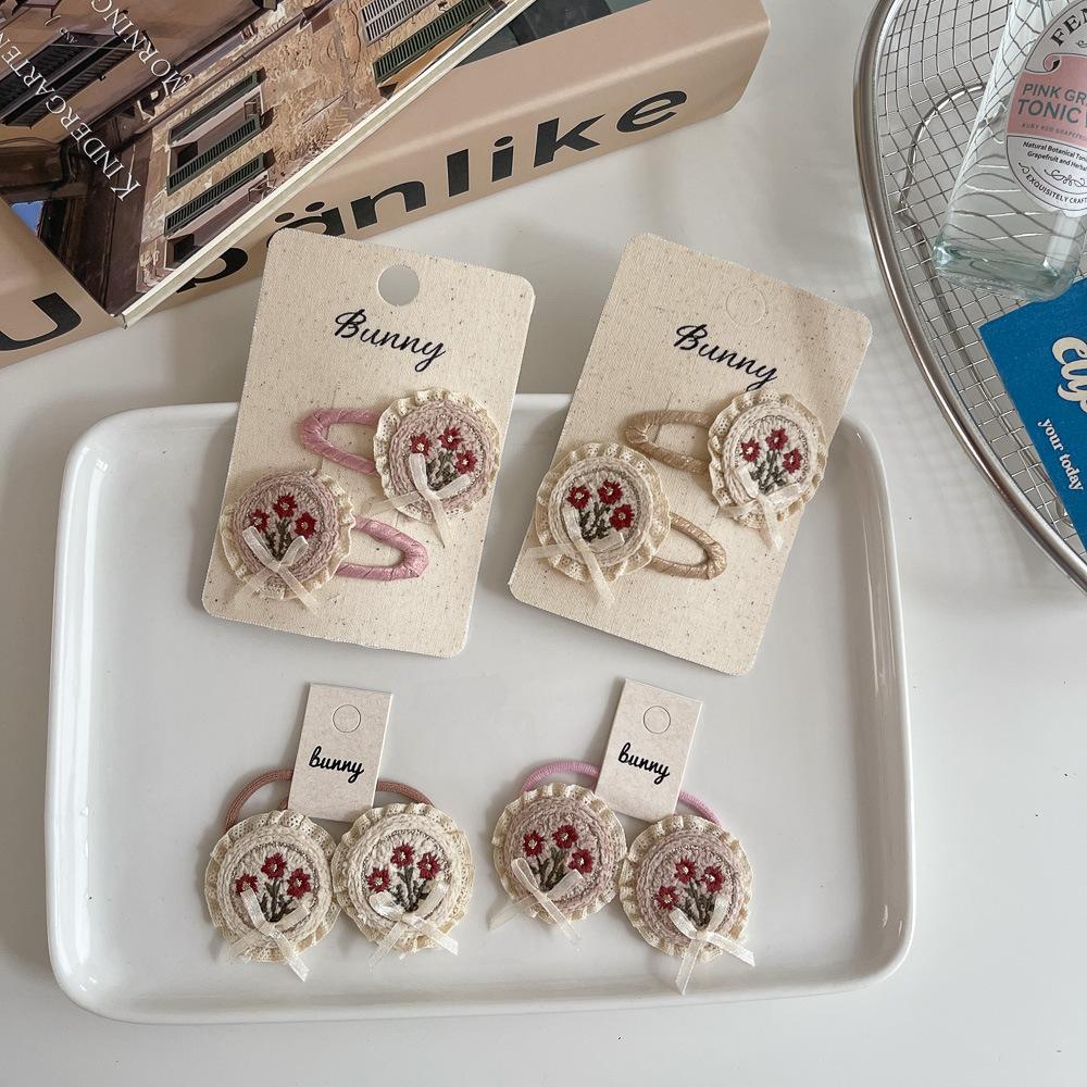 2pcs Embroidery Flower Bow BB Clip Elastic Hair Band Sweet Lace Barrettes Hairpin Bangs Side Clip Children's Hair Accessories