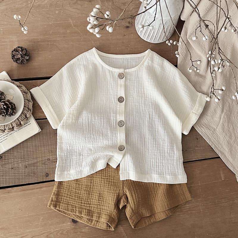 

2025 Летний детский пижамный комплект из хлопковой марли - с коротким рукавом для мальчиков и девочек 100 cm