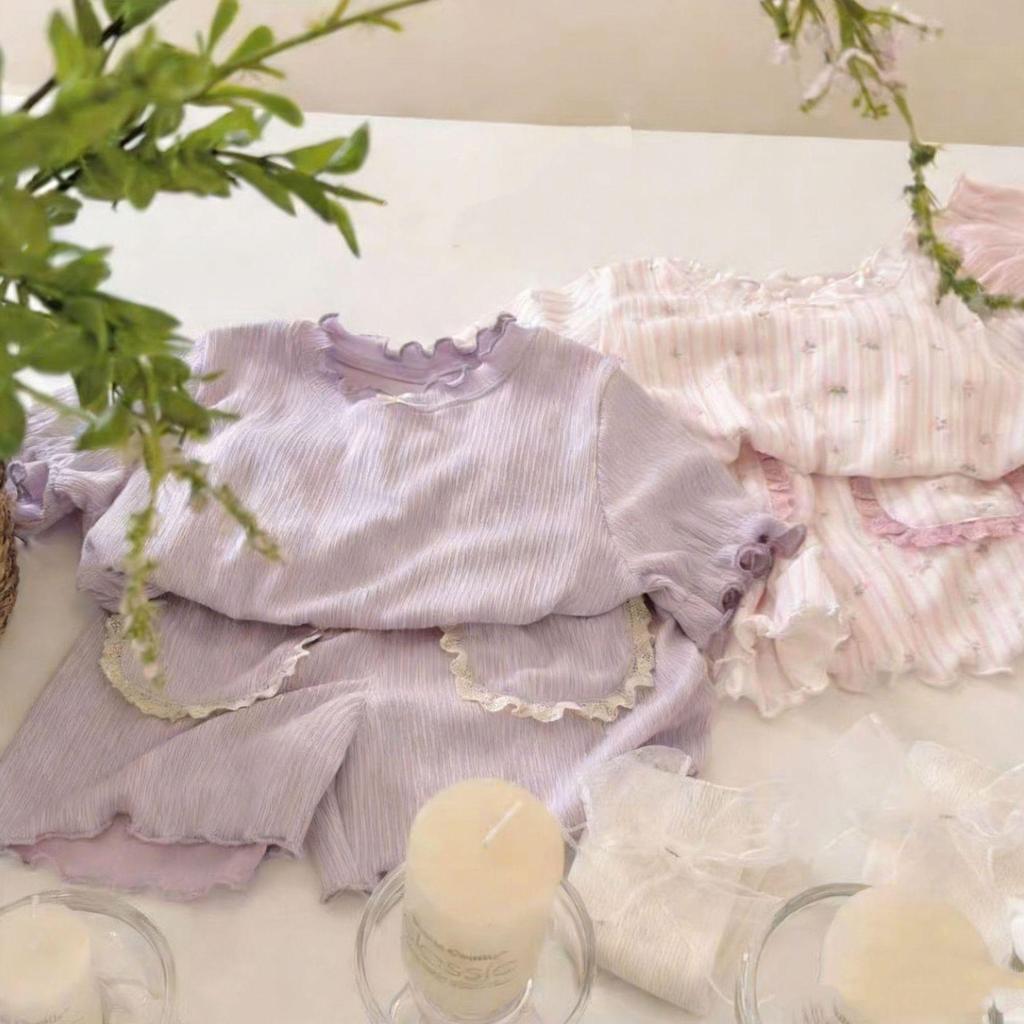 Summer 2026 New Arrival: Baby Girl Lace Pajama Set - Solid Color, Sweet Home Wear
