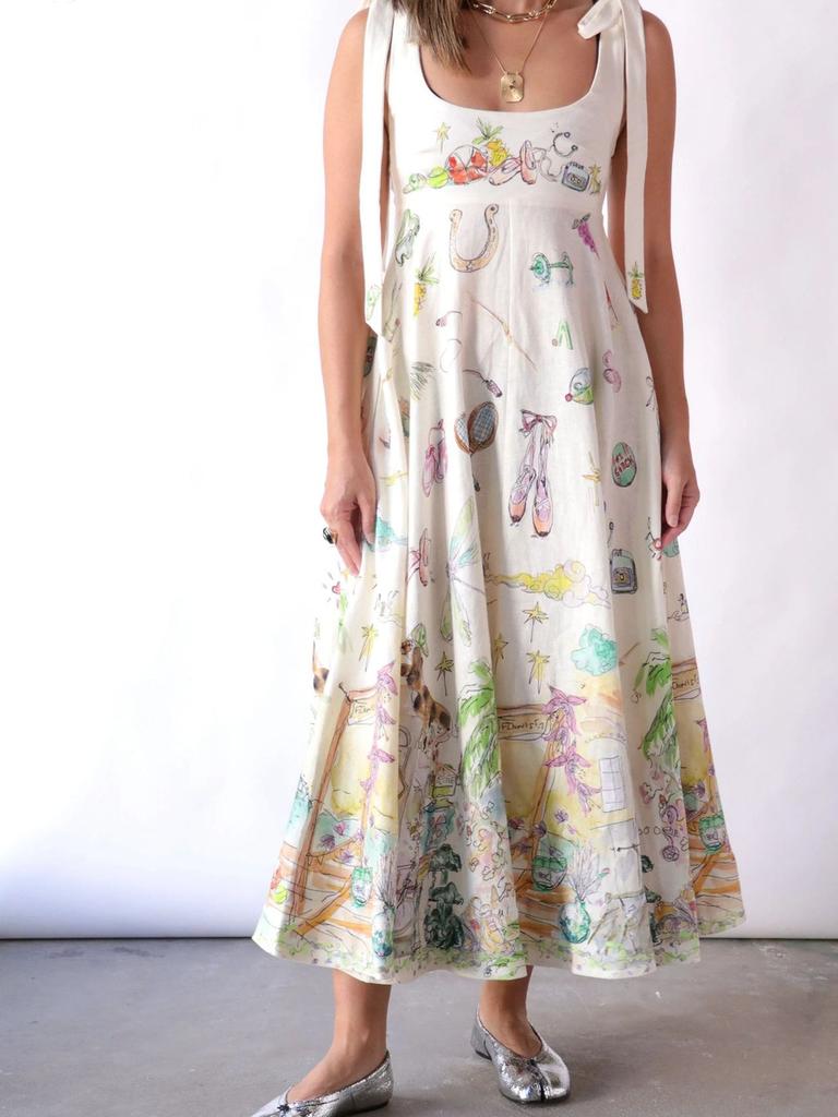 Lässiges Mode Leinen Bedrucktes Bindeband Raff Kleid