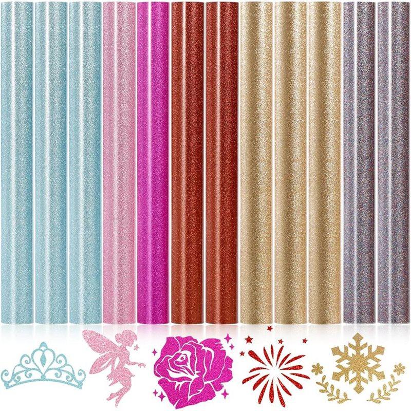 

HTV Glitter Vinyl Bundle 12 Pieces Pack 12 X 5FT Rolls, Glitter Heat Transfer Iron-On Vinyl For T-Shirts