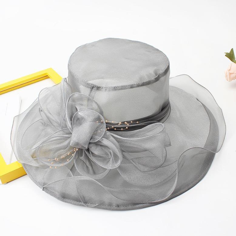 Hat Female Summer Vintage British Style Organza Flower Vacation Big Eaves Beach Sunscreen Flat Top Sun Hat