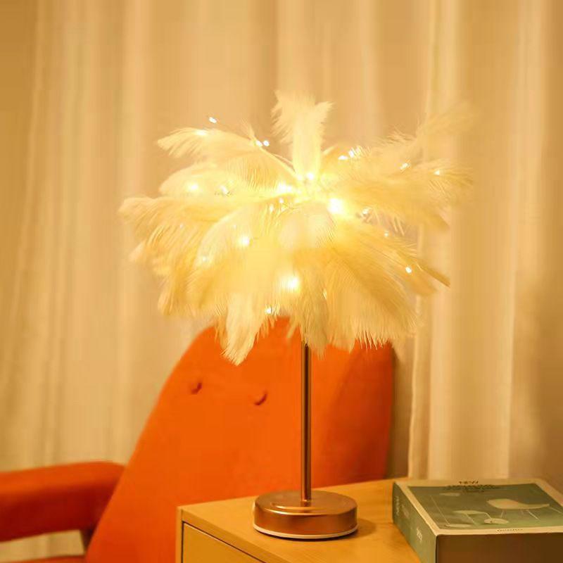 Ostrich Feather Bedside Lamp – Warm Decorative Light for Bedroom or Wedding Room