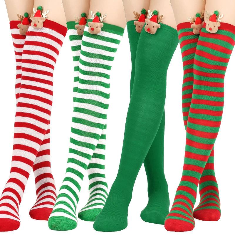 Women Christmas Over Knee Long Socks Cartoon 3D Elk Bowknot Striped Print Thigh High Stockings Holiday Party Hosiery