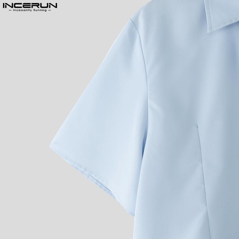 INCERUN Men Cropped Shirts Casual Loose Flower Tie Neck Short Tops