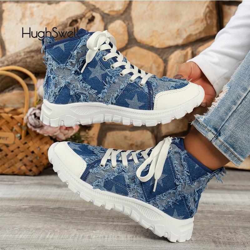 Fashion Star Print High Top Lace-up Denim Sneakers Woman Casual Fringed Short Boots Ladies Fashion Brand Design Canvas Shoes