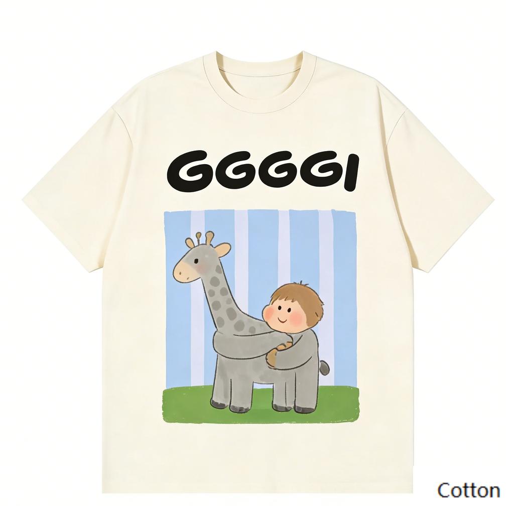 Luxury Brand GGGGGI Giraffe & Boy Print Cotton T-Shirt, Unisex Loose Fit Casual Tee, Versatile Daily Streetwear
