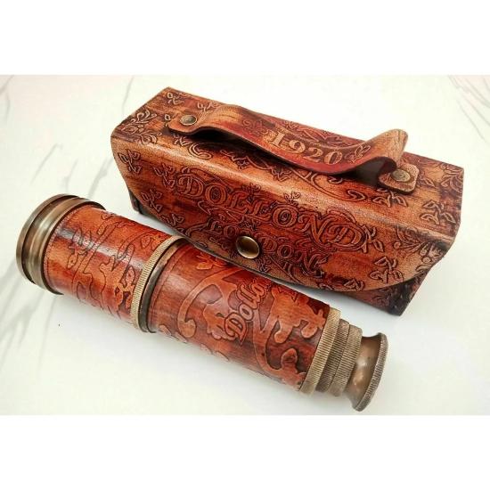 Telescop din alamă antică, lunetă marină nautică, din piele, de epocă