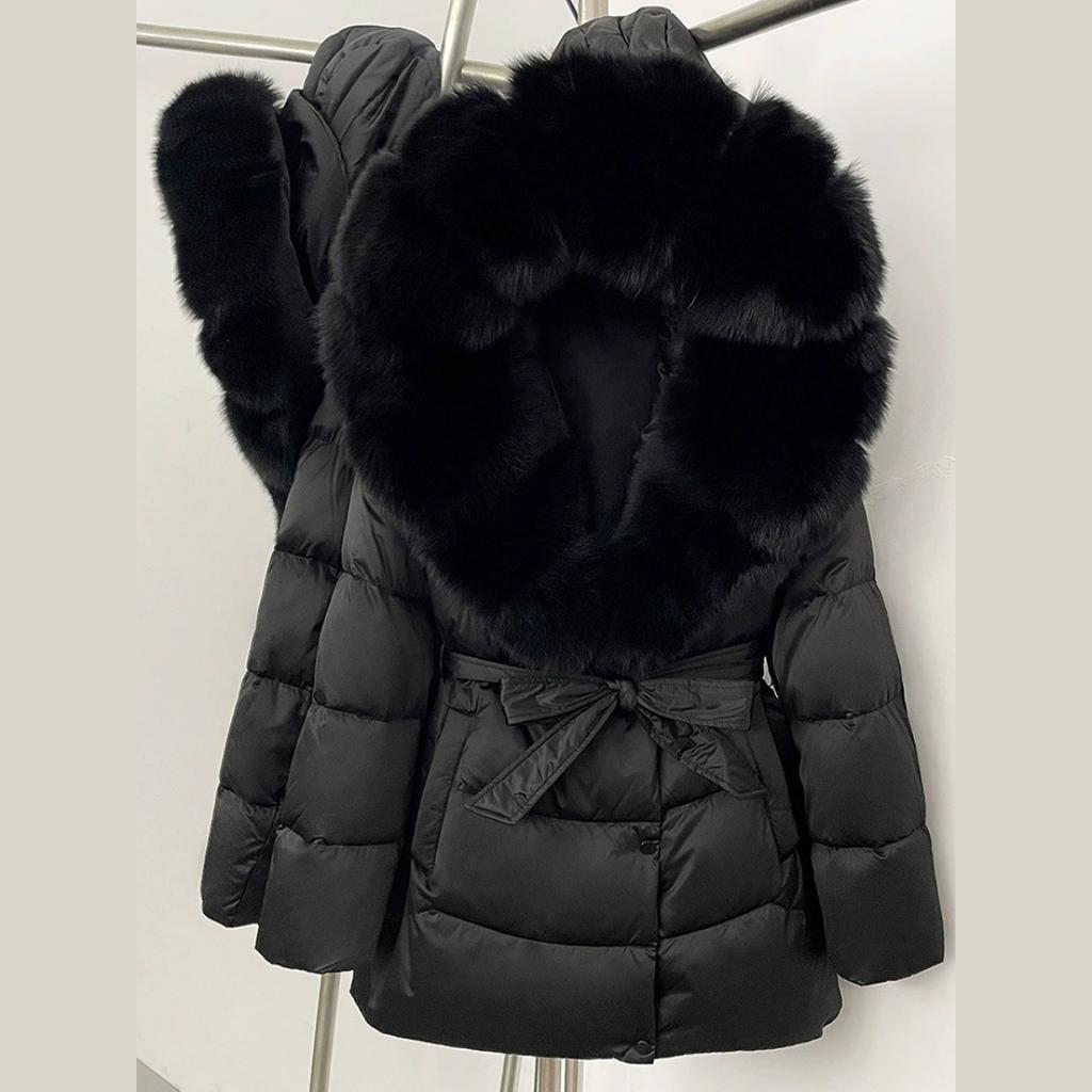 Winter Fox Big Fur Collar High-end Thickened Down Jacket Women's Mid-length Waist Imitation Leather Jacket