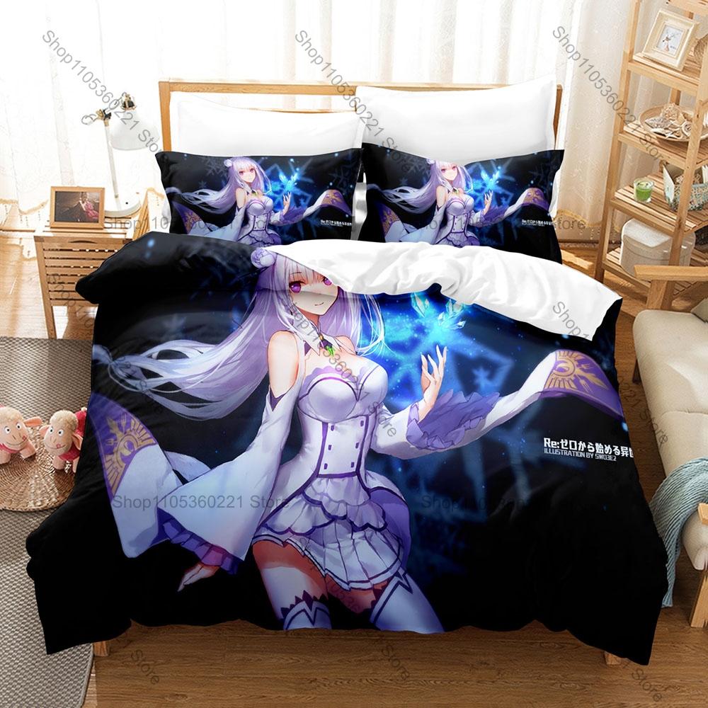 Re Zero Rem Ram Themed Duvet Cover + 2 Pillowcases Vibrant Anime Graphic Cozy Home & Dorm Bedding