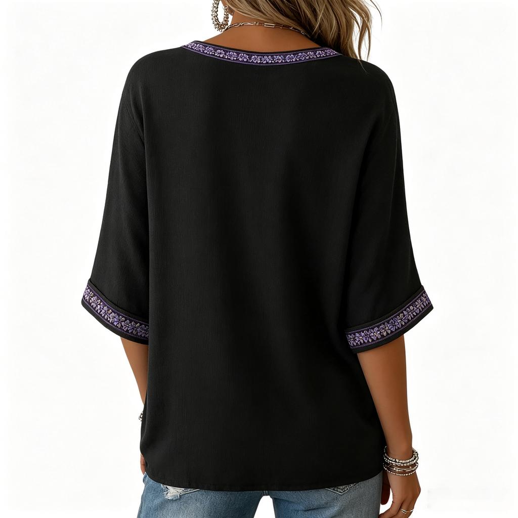 Women's 3D Print V-Neck Loose Fit Three-Quarter Sleeve T-Shirt Casual Top
