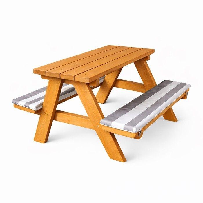 Table de pique-nique enfant - GINGER HOME - Bois pin massif - 4 places - Coussins amovibles