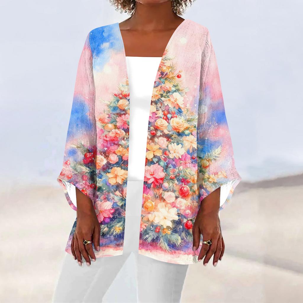 Women's Casual And Fashionable Christmas Printed Lightweight Mid Length Jacket Cardigan