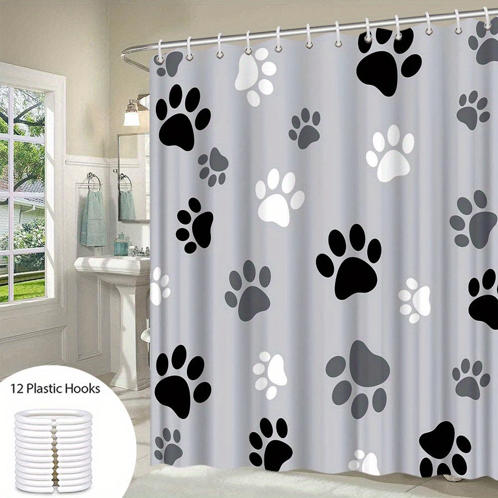 Stylish Dog Paw Print Shower Curtain Black Gray Light Gray Modern Pet Lover Bathroom Decor Polyester With 12 Hooks Easy Clean