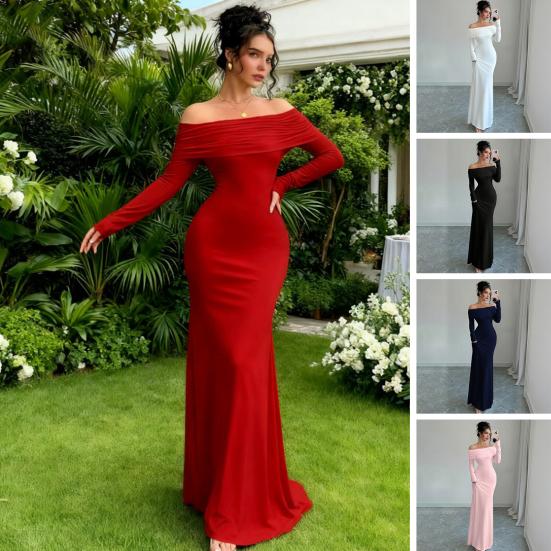 Women Off Shoulder Bodycon Maxi Dress Formal Long Sleeve Evening Gown Ruched Club Party