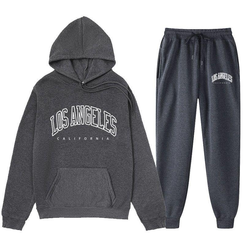 LOS Los Angeles Letter Printed Same Color And Pants Set For Men's Autumn/Winter With Velvet Hoodie