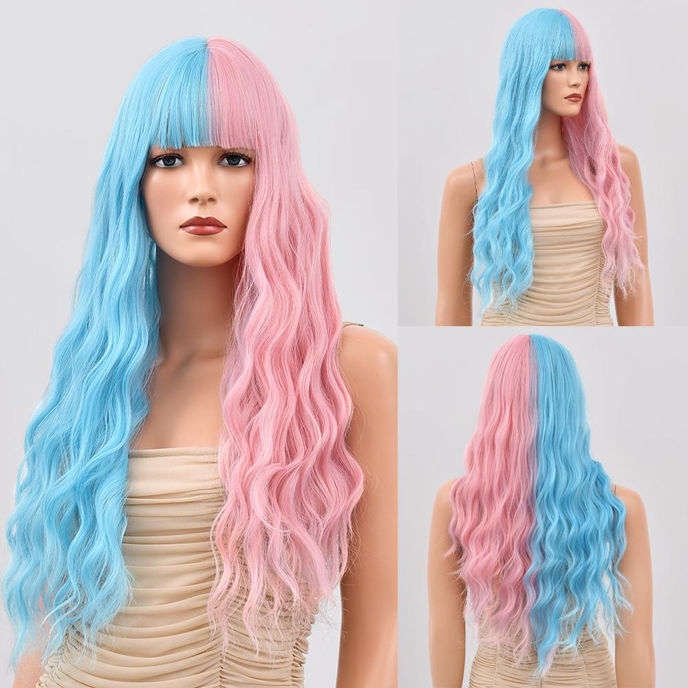 Synthetische Perücke für Frau, blau gefärbt, Ombre, langer Körper, Wasserwelle, Cosplay-Party, Lolita, 28 Zoll, hitzebeständige Nutural-Perücke