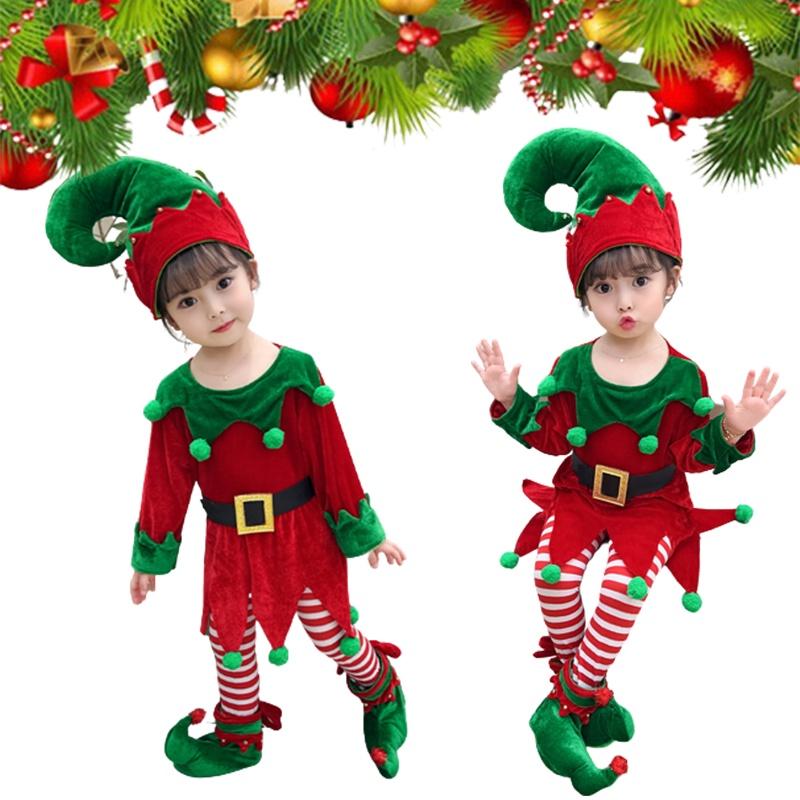 Velvet Boys Girls Christmas Elf Outfit Xmas Party Cosplay Set