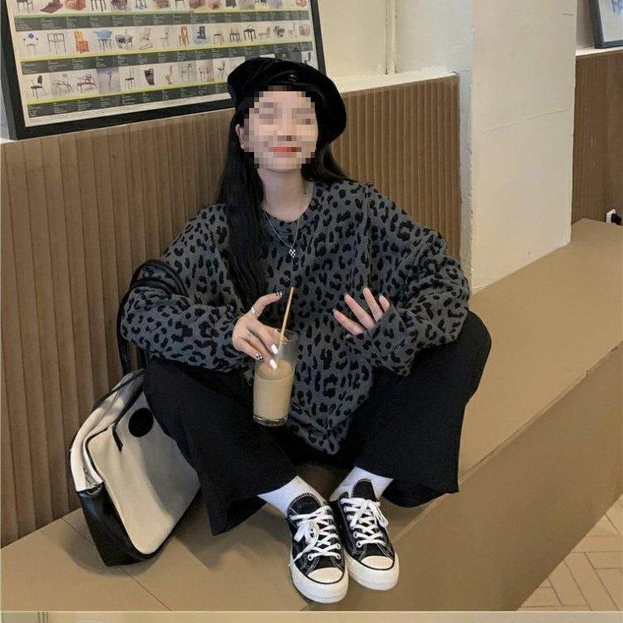 Leopardmönstrad Rundhalsad Fleecetröja för Kvinnor Vår/Höst 300lbs Design Mode Lös Vardaglig Långärmad Topp