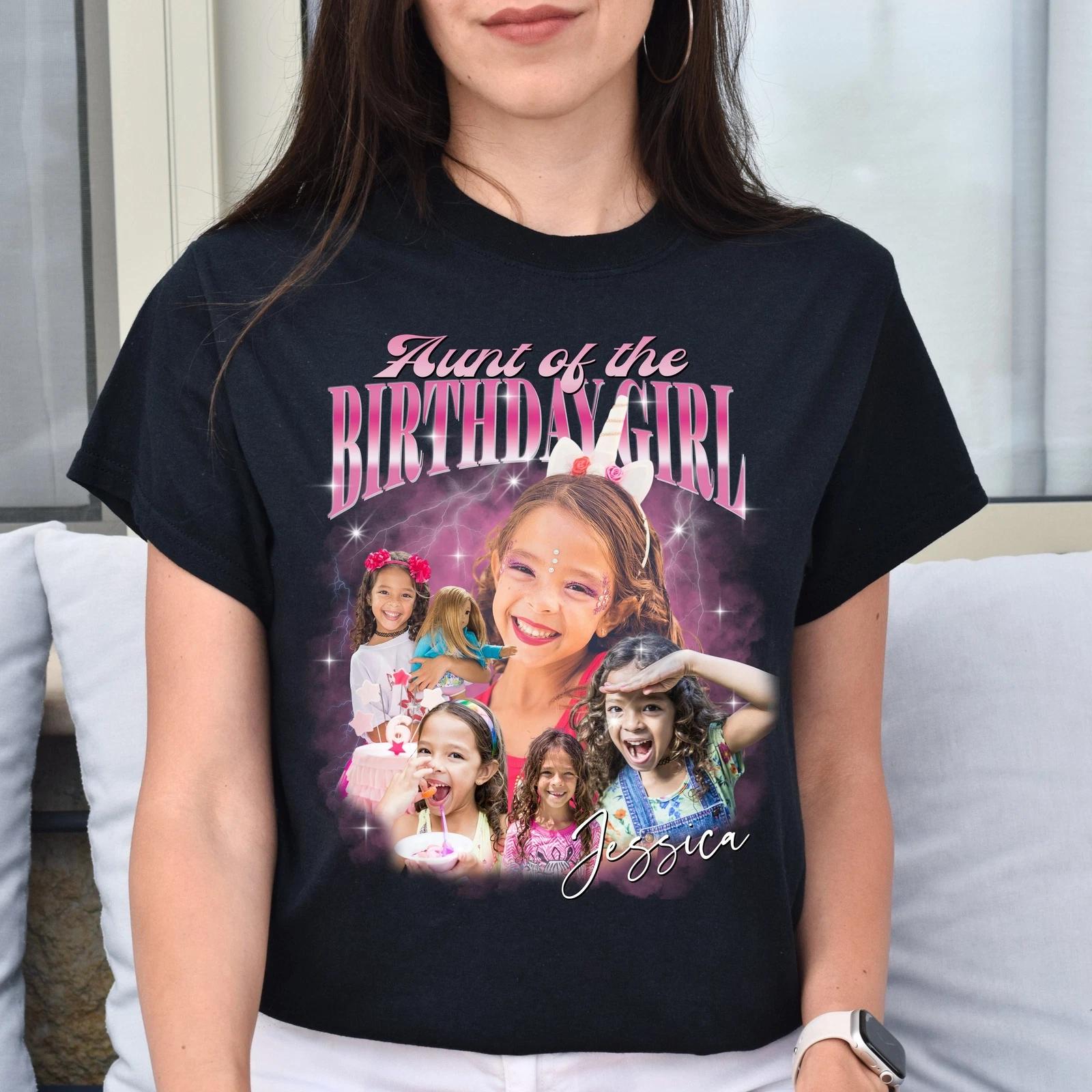 Custom Aunt of the Birthday Girl Unisex T-Shirt Your pictures Auntie tee Black N 4XL