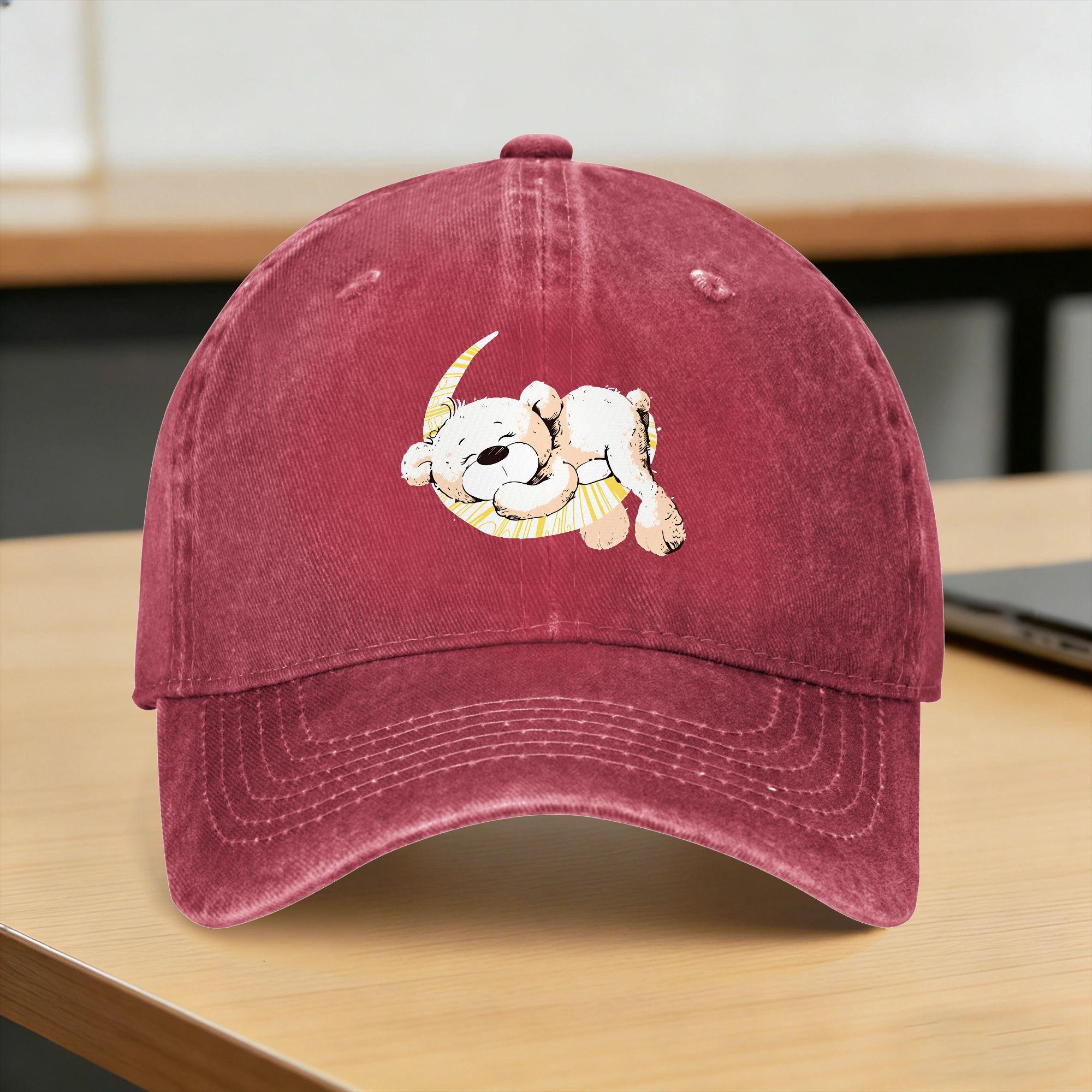 Teddy Bear Playing Badminton Print Washed Baseball Cap for Young Unisex And Women Design Print Sun Hip Hop Hats Summer One Size