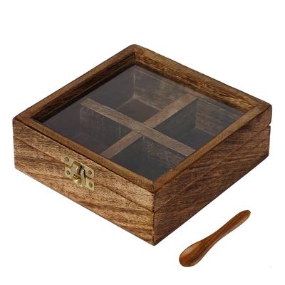 Spice Box, Brown 4 Compartments Square Handcrafted Wooden Spice Box,