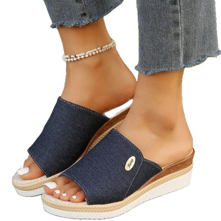 New summer one-word with wedge heel cool slippers women's shoes women's thick-soled large-size fish mouth sandals