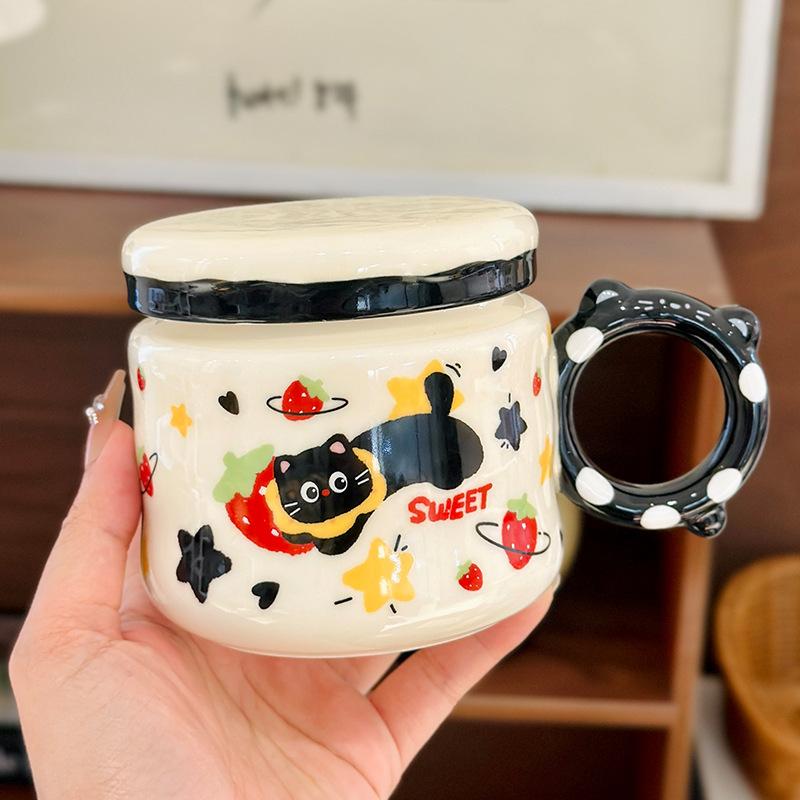 Cartoon Fruit Black Cat Ceramic Cup with Lid Cute Animal Household Mug Breakfast Milk Oatmeal Cup Souvenir