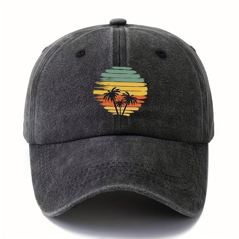 Retro tropical sunset coconut tree patterned baseball cap suitable for outdoor travel, camping, and leisure activities