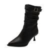 Temperament Pleated Piled Boots Women's Autumn and Winter New Pointed Toe Thin Heel Medium Boots Belt Buckle High Heel Thin Boots