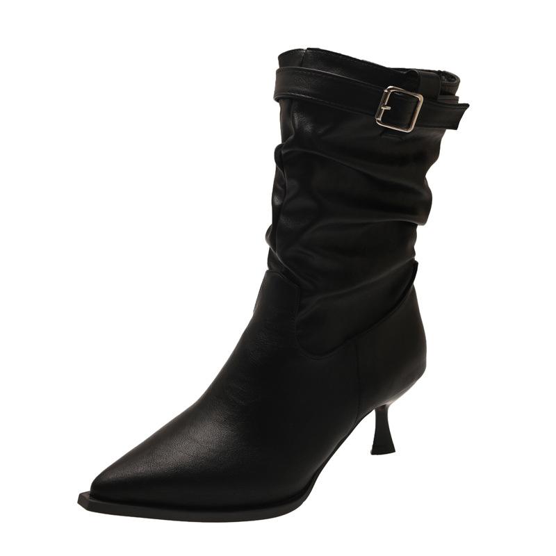 Temperament Pleated Piled Boots Women's Autumn and Winter New Pointed Toe Thin Heel Medium Boots Belt Buckle High Heel Thin Boots