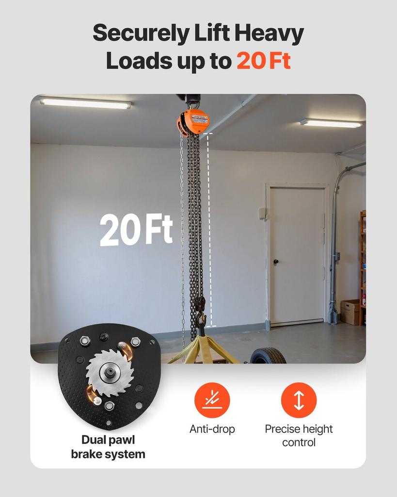 Hand Chain Hoist, 3 Ton Capacity, Manual Chain Block with Upgrade G80 Galvanized Chain, 6 m Lifting Height, Heavy Duty Pulley Hoist for Garage