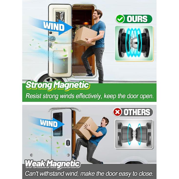 Strong Magnetic RV Door Holder - Camper RV Door Catch To Keep Doors Open In Breeze, Easy To Tall, With Adhesives & Screws, Sturdy Stopper For Trailer