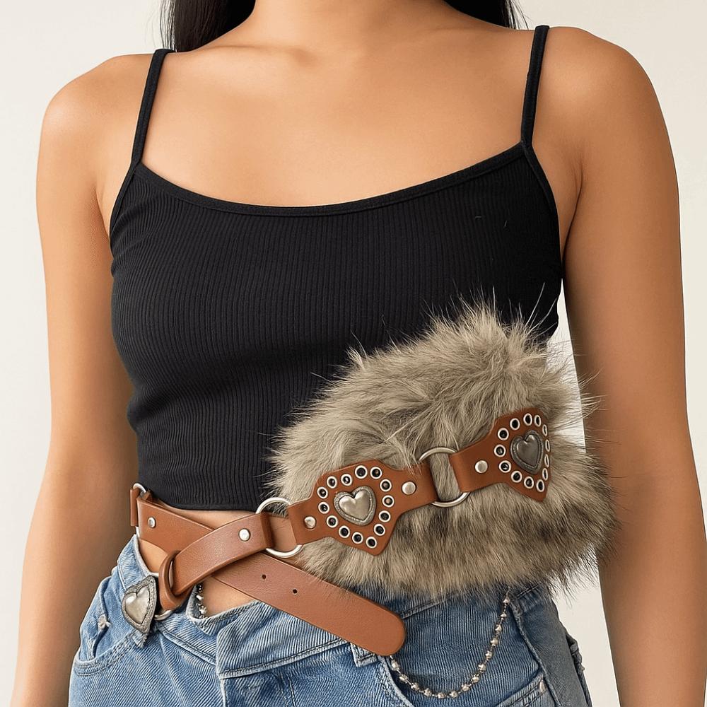Faux Fur Leather Fur Belt Patchwork Heart Plush Belt Simple Furry Waistband  Female/Girls