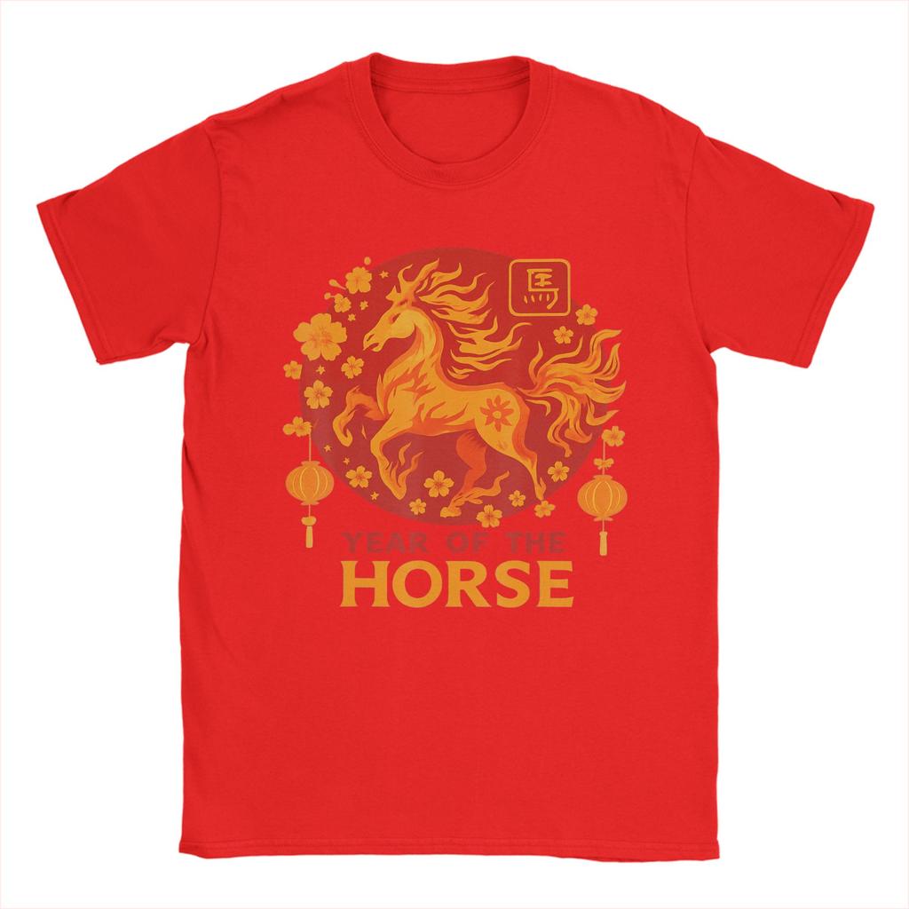Chinese Zodiac Lunar New Year Fire Horse TShirts Unisex  Vintage Cotton Tees Crew Neck Short Sleeve T Shirts Gift Clothing