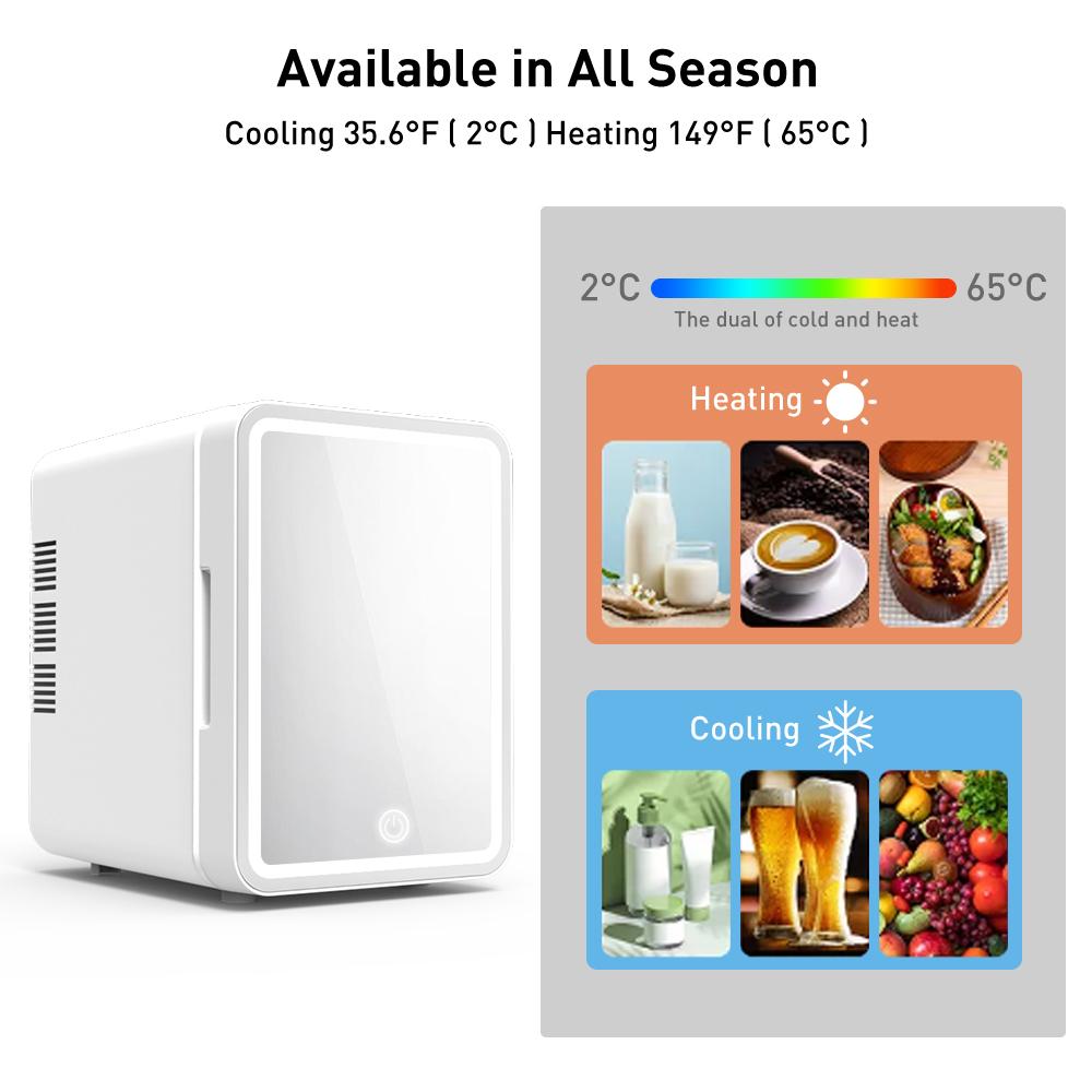 Mirror Glow Beauty Fridge 4L LED Touch Screen 3 Cooling Modes Silent 30dB Skincare & Drink Cooler/Warmer
