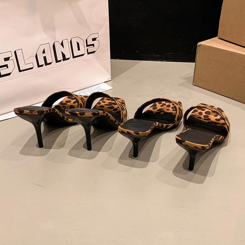 Women's Leopard Print Slippers 2025 Summer New Peep Toe Thin High Heels Slippers Square Toe Sandals Women Sexy Party Shoes Woman
