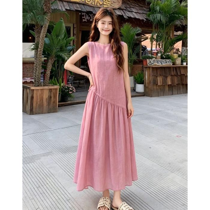 Lazy Wind Pink Cotton and Linen Sleeveless Dress Women's Summer Loose and Thin Temperament Vacation Travel Photo Long Dress Tide