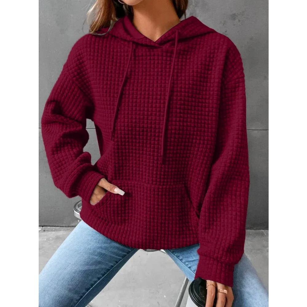 Women's Hooded Sweatshirt Spring and Autumn Style Waffle Fashion Beautiful Solid Color Hooded Drawstring Loose Sweatshirt