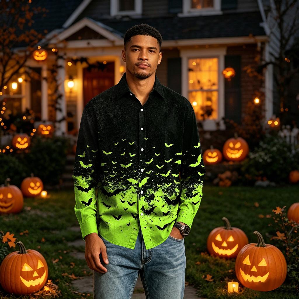 Men's Long Sleeve Button Down Halloween Print Shirt for Party Costume