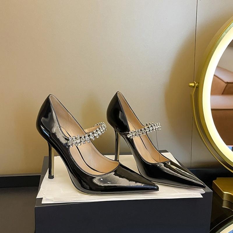 Fashion Rhinestone Line With High Heels Shallow Mouth French Single Shoes With Dress Wedding Shoes Woman