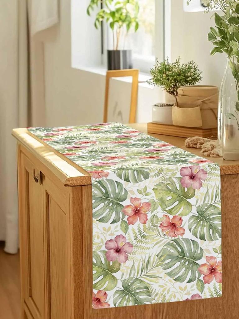 Summer Monstera Leaf Flower Linen Table Runner Holiday Party Decor Reusable Kitchen Dining Table Runner Wedding Decorations