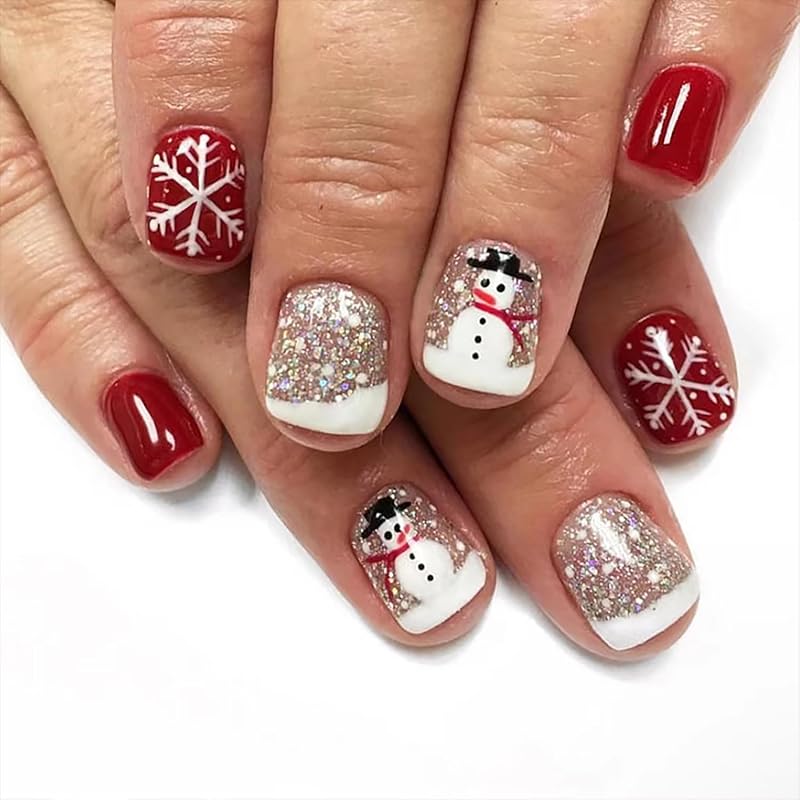 24Pcs Christmas Press on Nails Square French Tip Fake Nails Silver Glitter Nail Design Full Cover False Nails Snowflake Glue on Nails Cute Acrylic