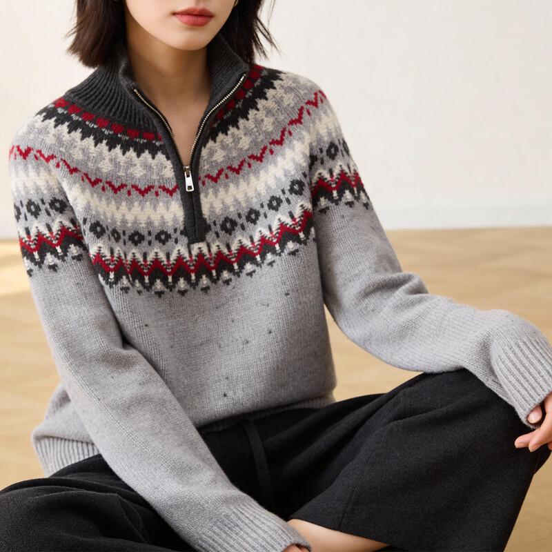

Женский пуловер с молнией до середины из шерсти ягненка в стиле Fair Isle F/165/88A