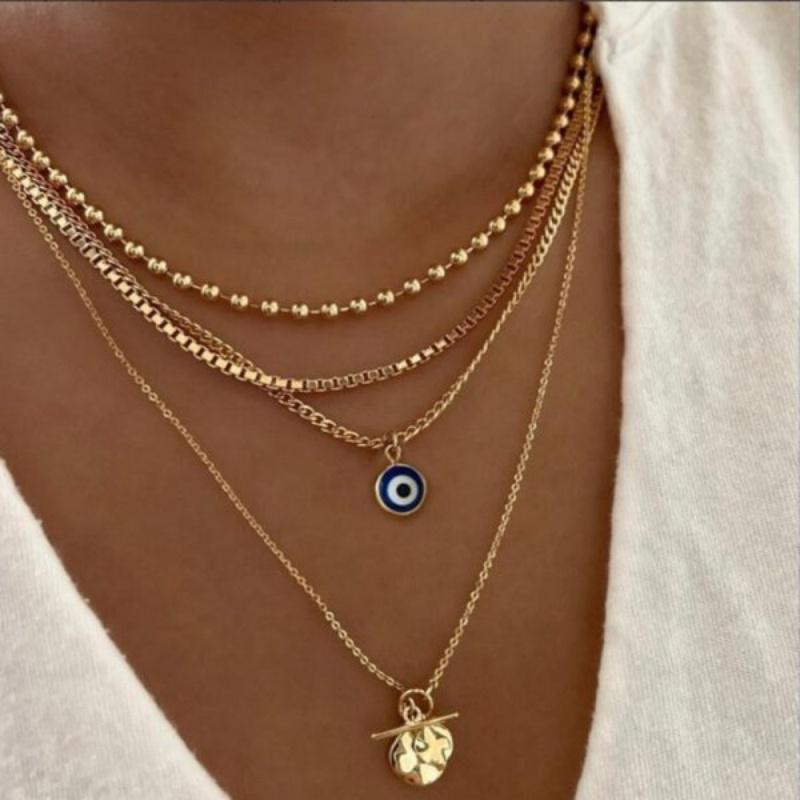 Classic Turkish Evil Eye Pendant Necklace for Women Men Vintage Lucky Blue Eyes Palm Sun Multilayer Neck Chain Choker Jewelry