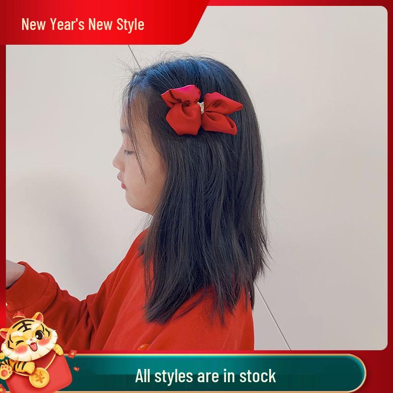 Children's Chinese New Year Red Embroidered Bow Hair Clip & Ties for Hanfu Style