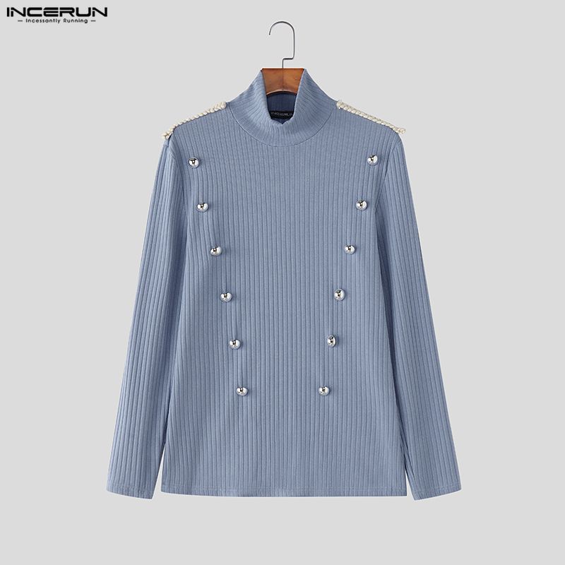INCERUN Spring Men's High Neck Long Sleeve Buttons Decorative Fitted T-shirts Tops Undershirts