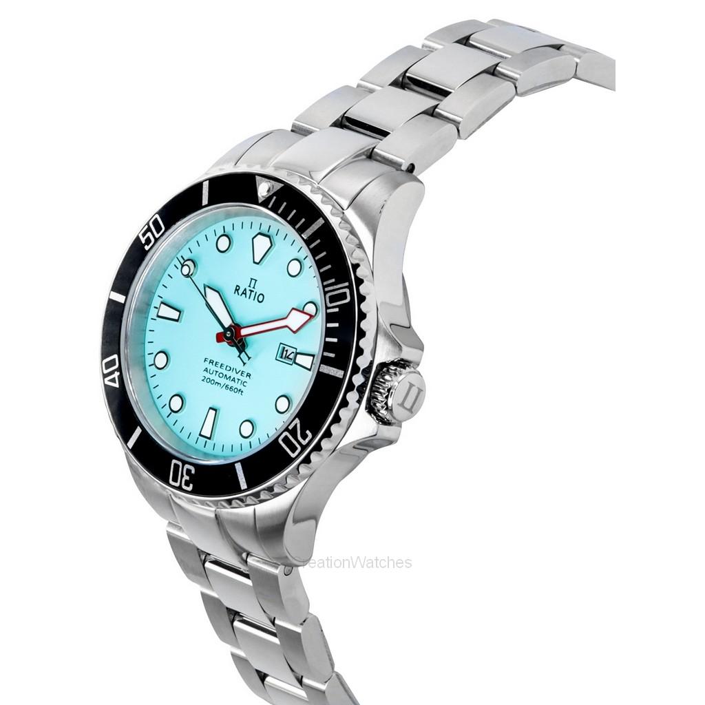 RATIO Relógio Feminino FreeDiver Sapphire Aço Inoxidável Mostrador Azul Gelo Automático RTFL837 200M